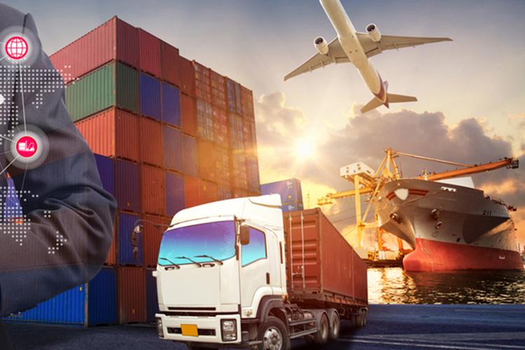 トラックや貨物船、飛行機などの流通過程のメージ画像