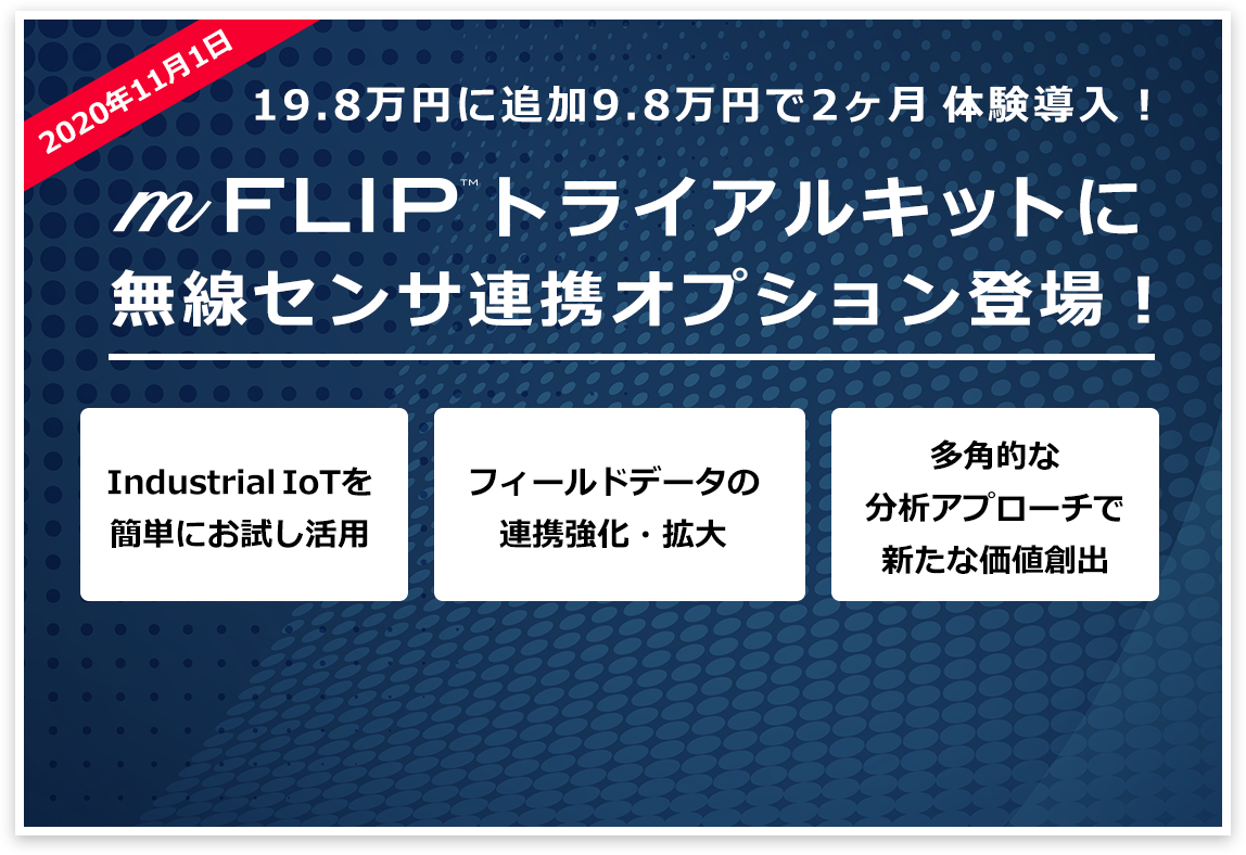 19．8万円についか9.8万円で2ヶ月体験導入！2020年11月1日m-FLIPトライアルキットに無線センサ連携オプション登場！